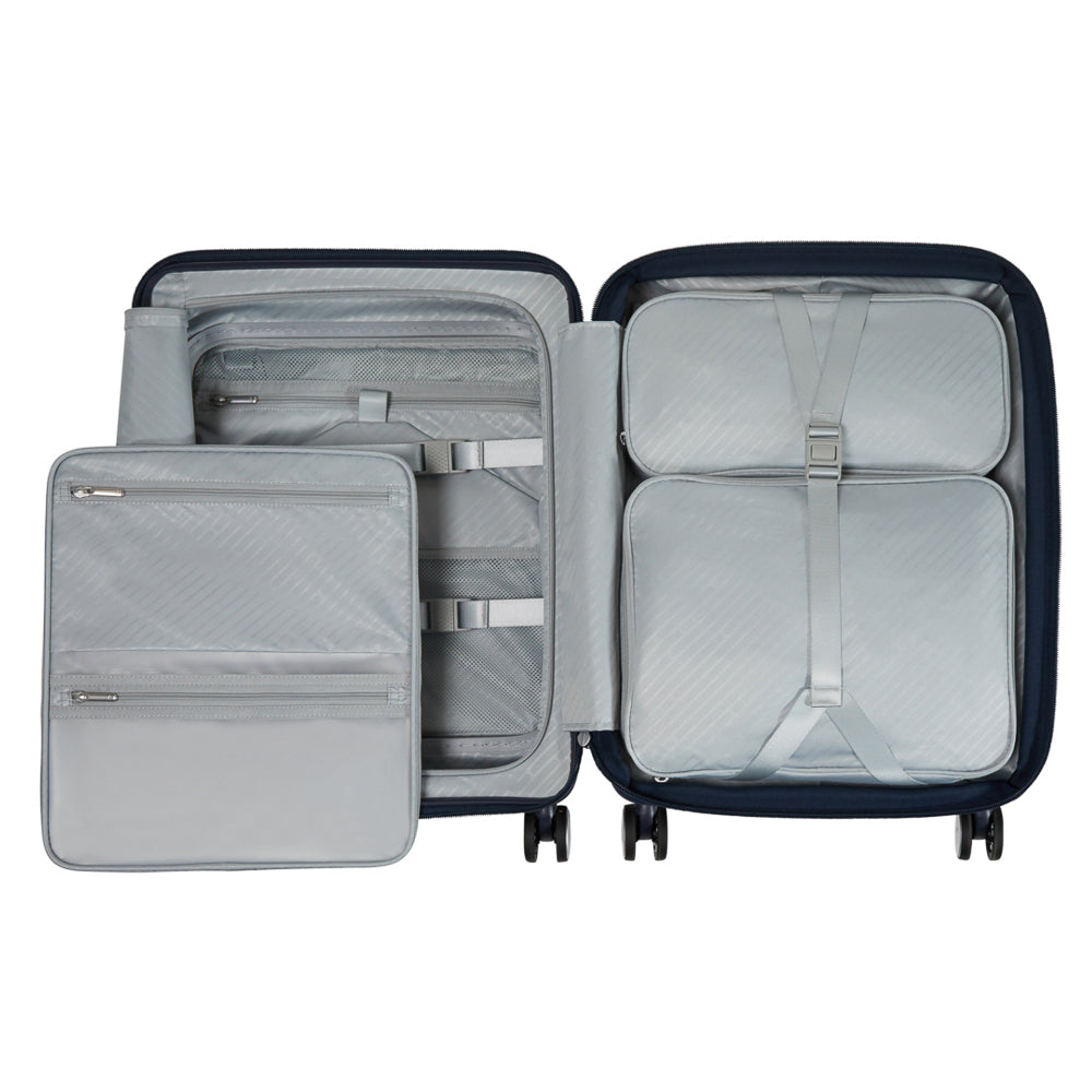 Navy Samsonite 55cm cabin suitcase with front pocket, showcasing durable material and compact design for travel convenience.