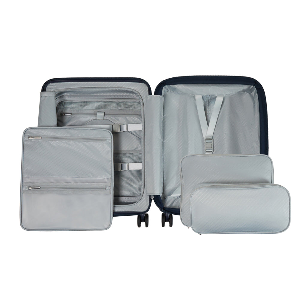 Navy 55cm Samsonite Paralux cabin suitcase with front pocket and sturdy wheels for easy travel.