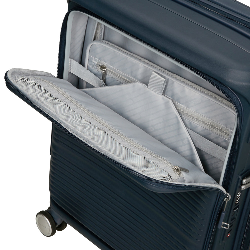 Navy 55cm cabin suitcase with front pocket by Samsonite, showcasing durable design and spacious interior for travel.