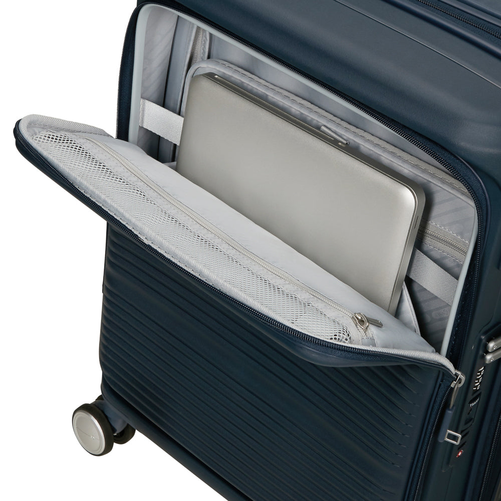 Navy 55cm Samsonite Paralux cabin suitcase with front pocket, showcasing sleek design and durable material.