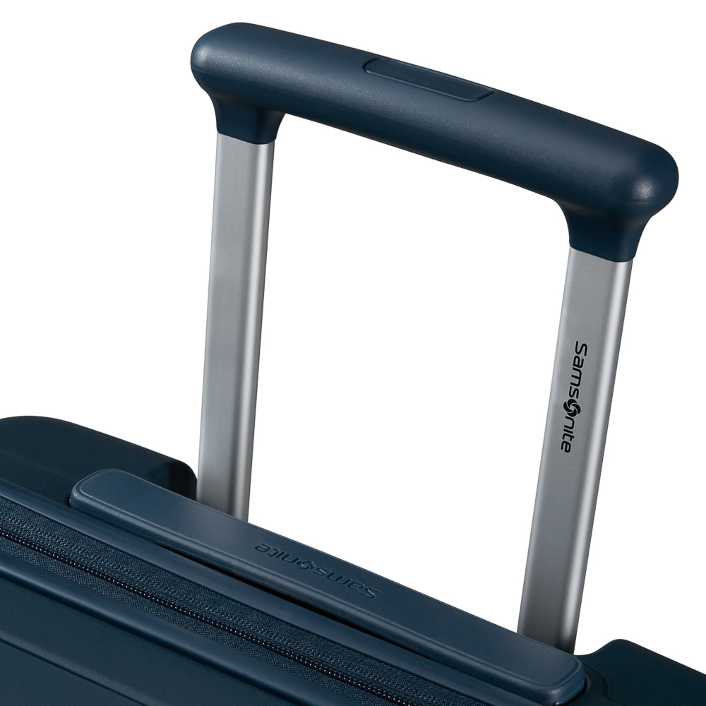 Navy 55cm cabin suitcase with front pocket by Samsonite, showcasing durable design and compact size for travel.