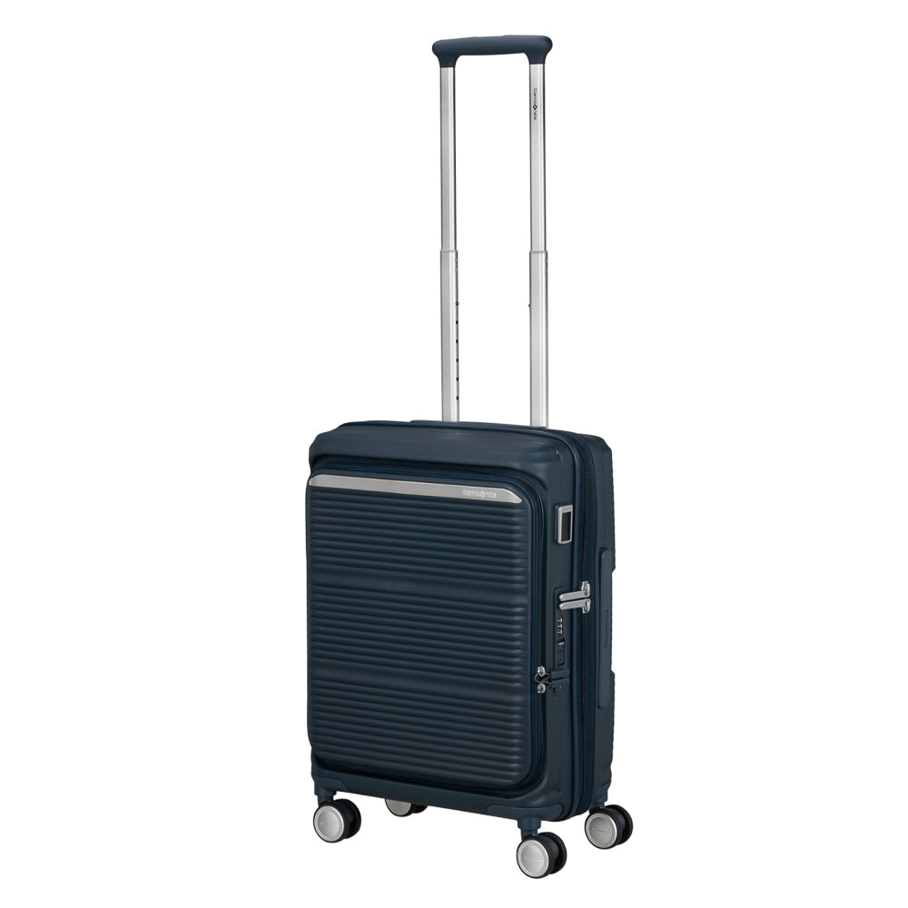 Navy Samsonite 55cm cabin suitcase with front pocket, featuring durable design and smooth wheels for easy travel.