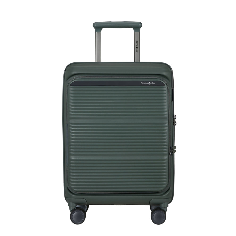 Olive Samsonite 55cm cabin suitcase with front pocket, showcasing durable design and spacious interior for travel.