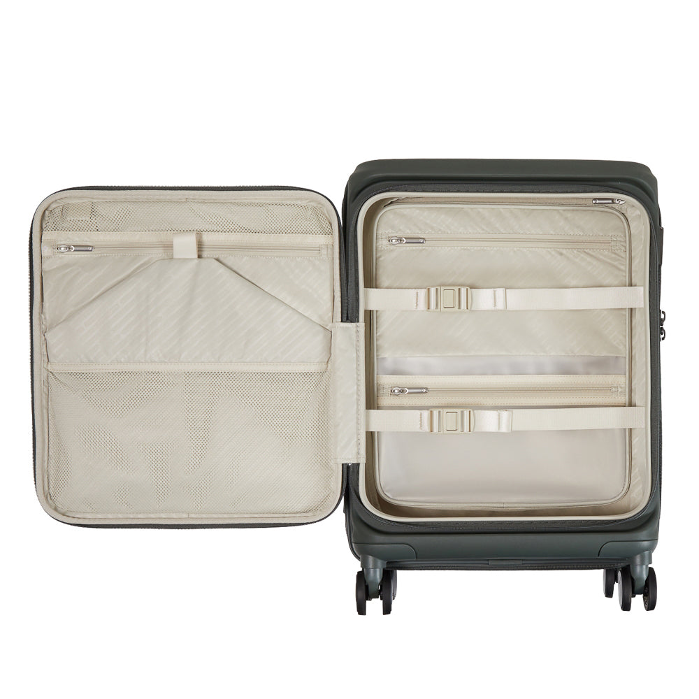 Olive 55cm cabin suitcase with front pocket by Samsonite, showcasing a sleek design and durable material.
