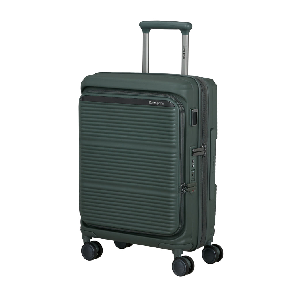 Olive green 55cm cabin suitcase with front pocket by Samsonite, showcasing durable design and spacious interior.