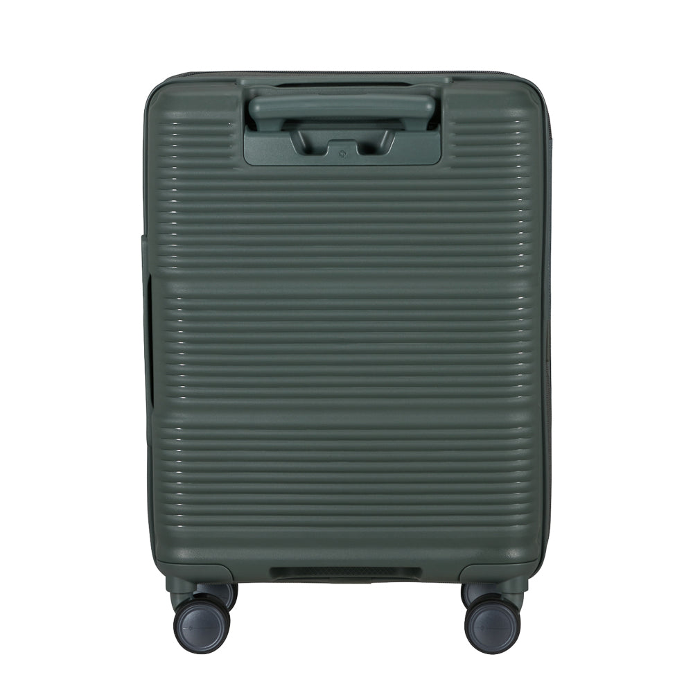 Olive 55cm Samsonite Paralux cabin suitcase featuring a front pocket and durable design for travel convenience.