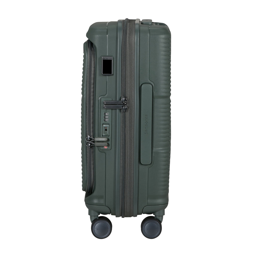 Olive green 55cm cabin suitcase with front pocket by Samsonite, showcasing durable design and spacious interior.