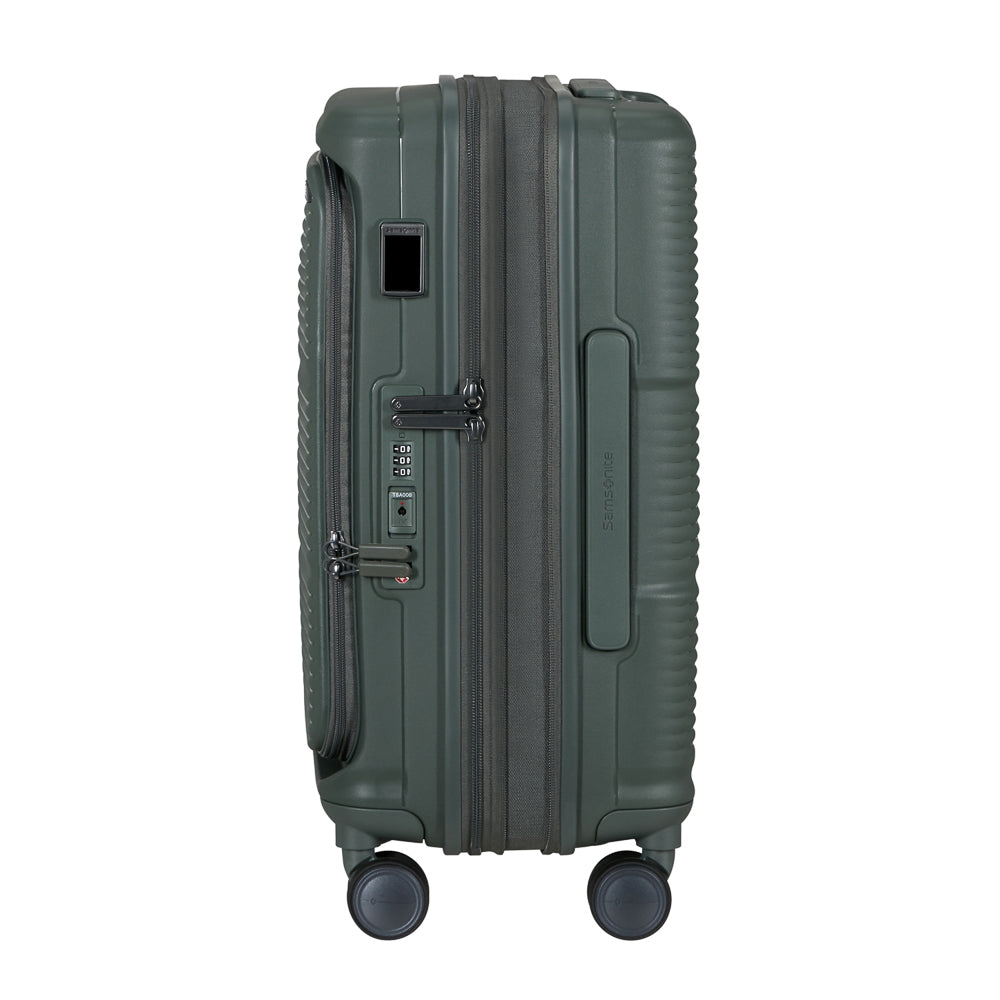 Olive green 55cm Samsonite cabin suitcase with front pocket, showcasing durable design and smooth wheels.