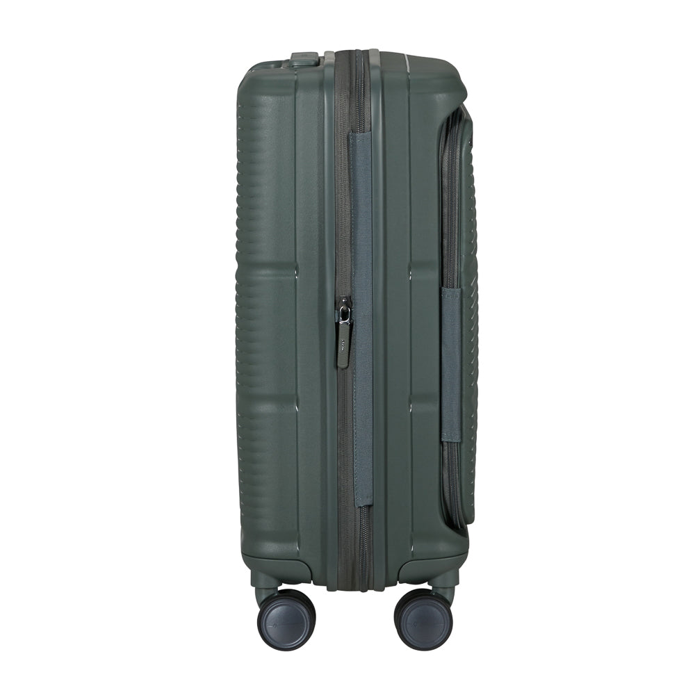 Olive green 55cm cabin suitcase with front pocket by Samsonite, showcasing durable design and spacious storage options.