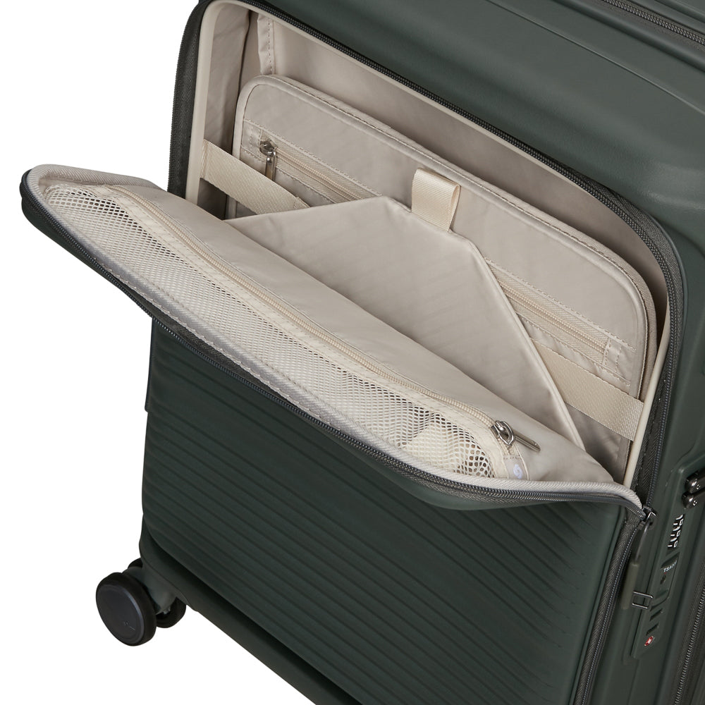 Olive Samsonite 55cm cabin suitcase with front pocket, showcasing sleek design and durable material.