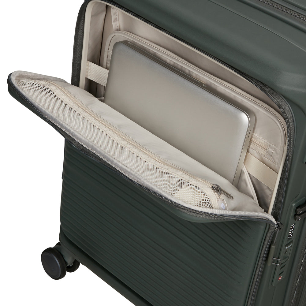 Olive 55cm Samsonite Paralux cabin suitcase with front pocket and wheels, showcasing durable design and spacious interior.