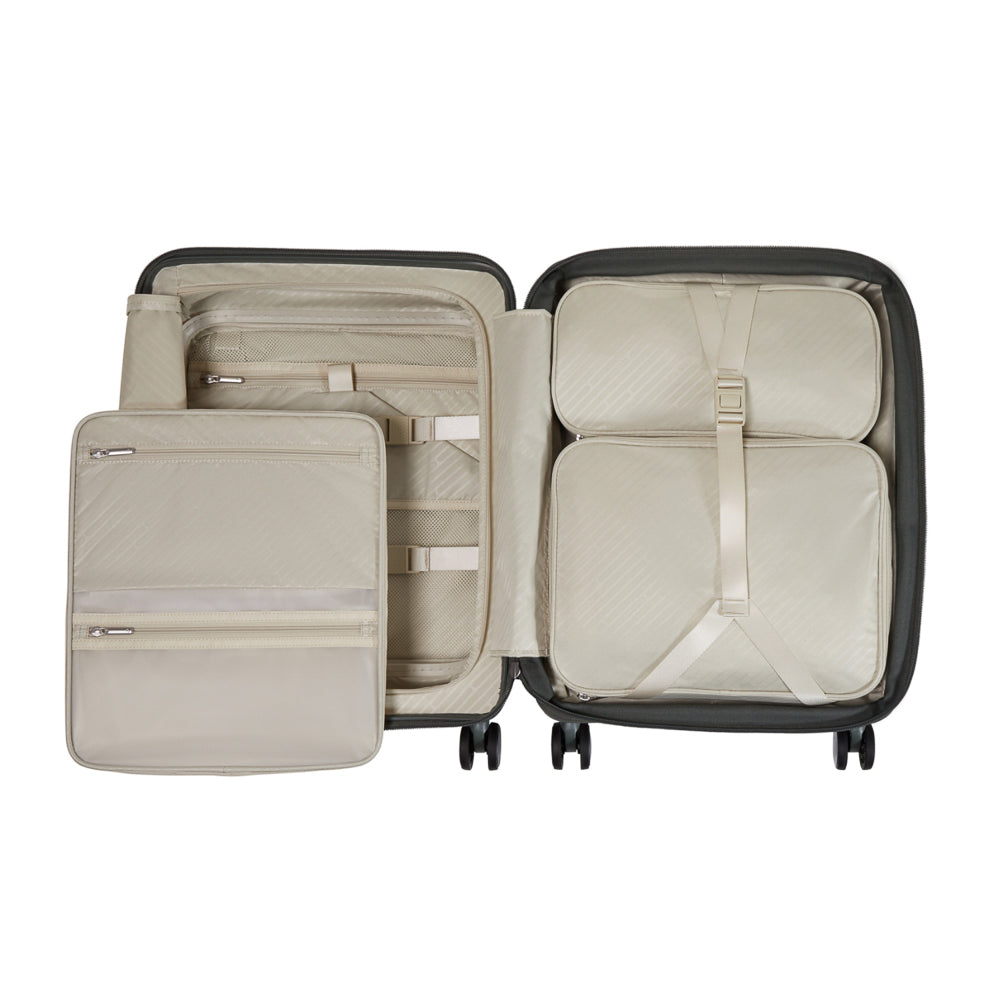 Olive Samsonite 55cm Cabin Suitcase with front pocket, showcasing durable exterior and compact design for travel.