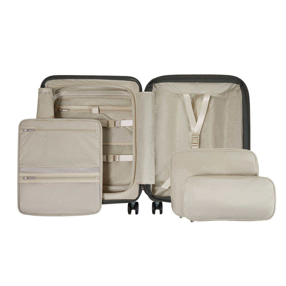 Olive 55cm Samsonite Paralux cabin suitcase with front pocket and smooth wheels on a white background.