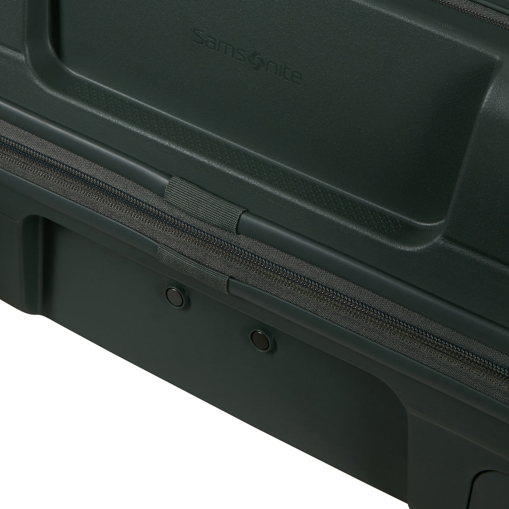 Olive green 55cm Samsonite Paralux cabin suitcase with a front pocket and wheels, ideal for travel.