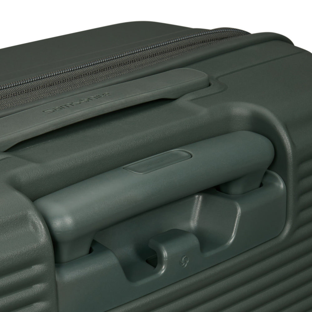 Olive green 55cm Samsonite cabin suitcase with front pocket, showcasing durable design and compact size for travel.