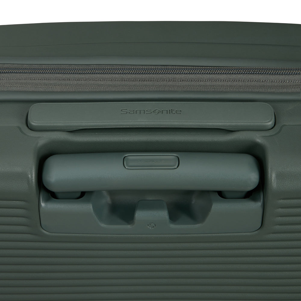 Olive Samsonite 55cm cabin suitcase with front pocket, showcasing sleek design and sturdy handle.