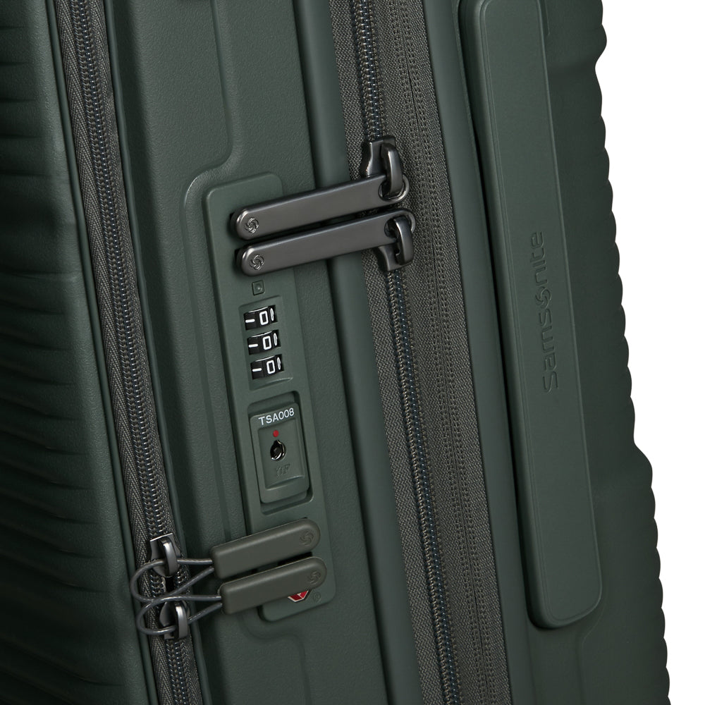 Olive Samsonite 55cm cabin suitcase with front pocket, showcasing durable design and compact size for travel convenience.