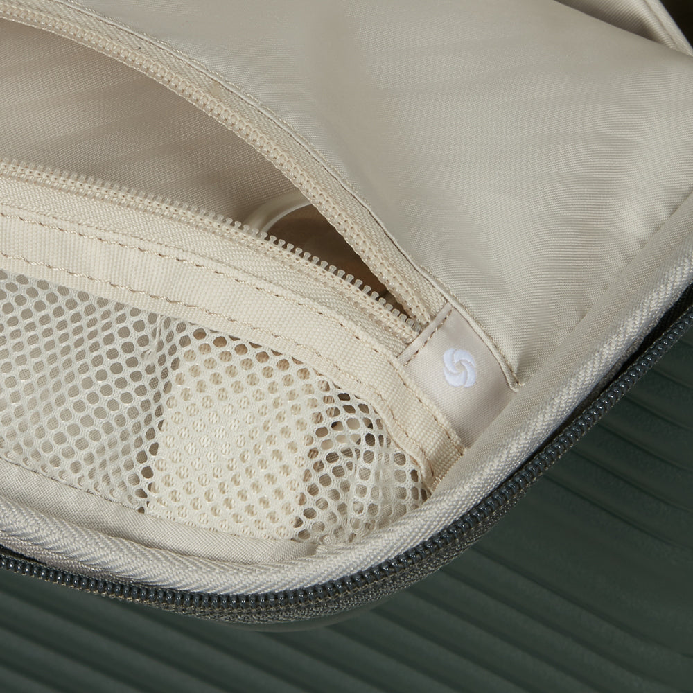 Olive 55cm cabin suitcase with front pocket from Samsonite, showcasing a sleek design and durable material.
