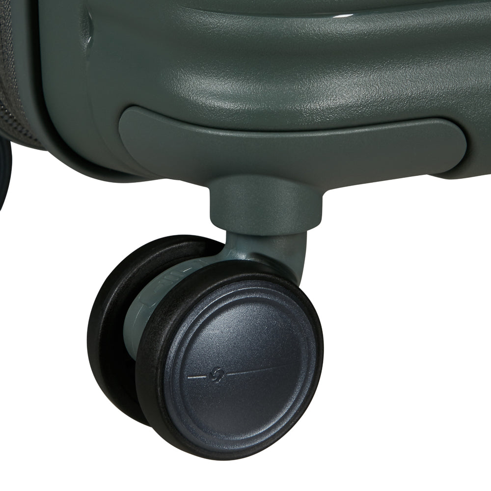Olive Samsonite luggage cabin suitcase with front pocket, 55cm size, showcasing durable design and spacious storage.