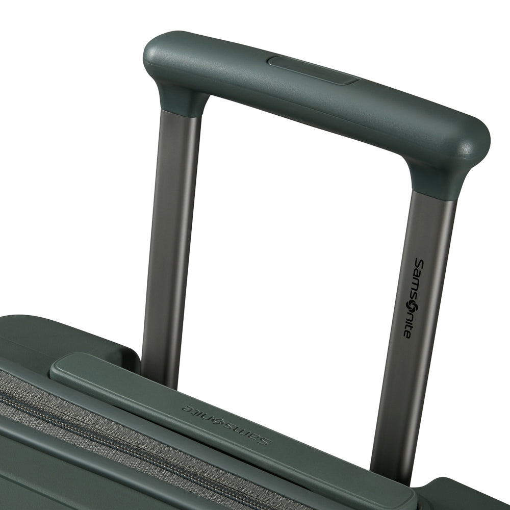 Olive green 55cm Samsonite cabin suitcase with front pocket, showcasing sleek design and durable exterior.