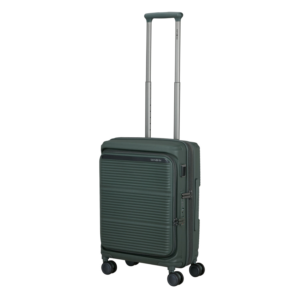 Olive green 55cm cabin suitcase with front pocket by Samsonite, featuring wheels and a retractable handle.