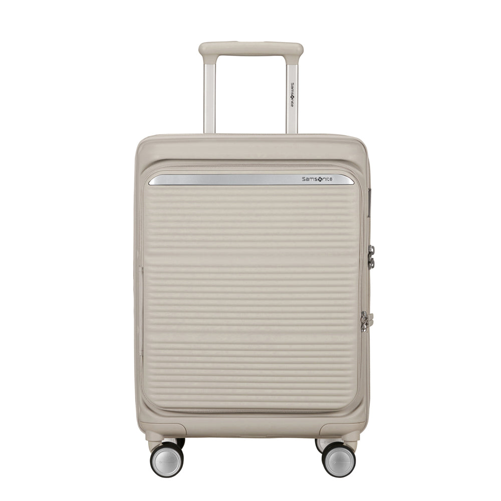 Samsonite 55cm cabin suitcase in white with a front pocket, showcasing durable design and compact travel convenience.