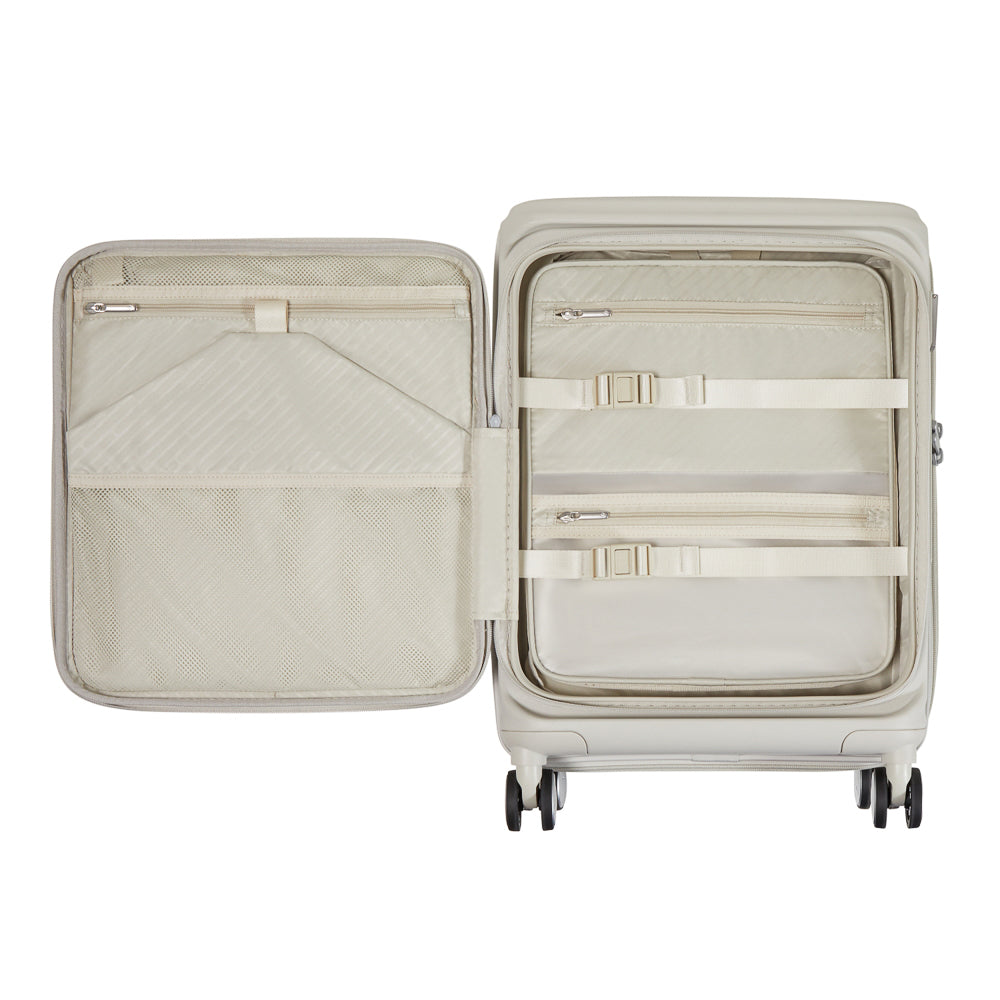 White 55cm cabin suitcase with front pocket by Samsonite, featuring a sleek design and durable material.