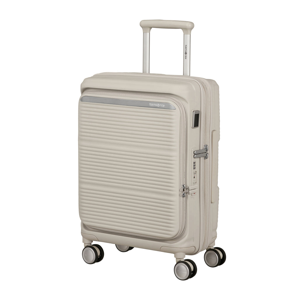 White 55cm cabin suitcase with front pocket by Samsonite, showcasing sleek design and durable materials.