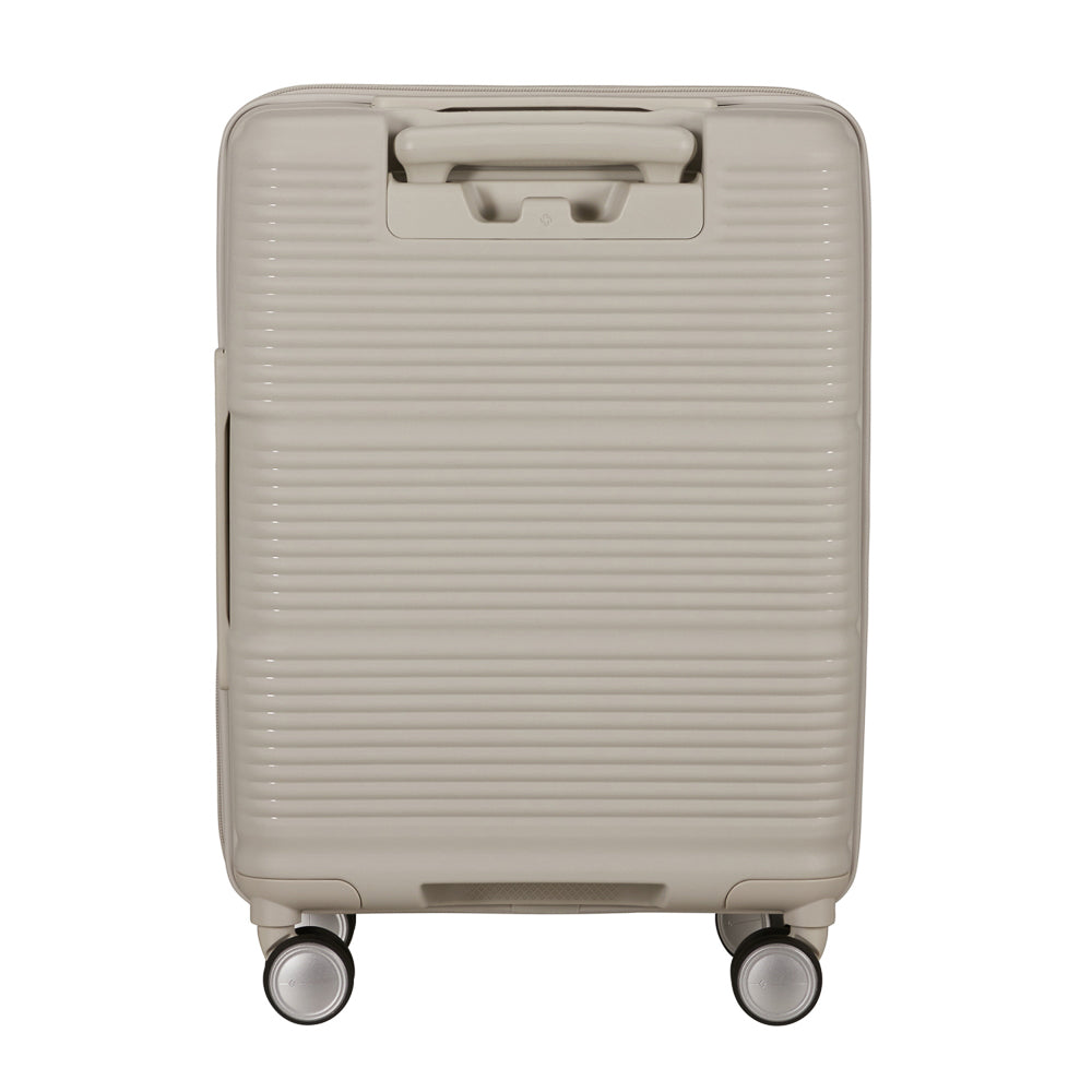 White 55cm Samsonite Paralux cabin suitcase with front pocket and smooth wheels, ideal for travel.