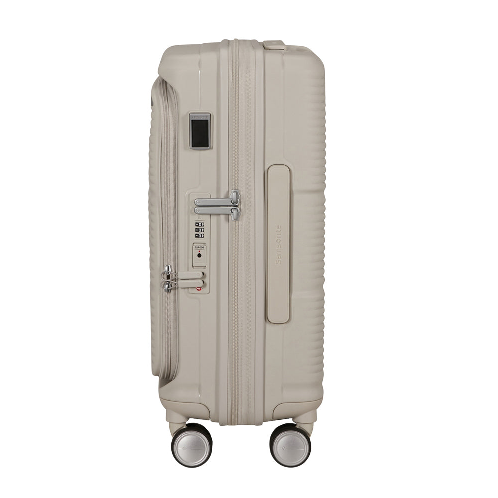 White 55cm cabin suitcase with front pocket by Samsonite, featuring smooth wheels and a sleek design.