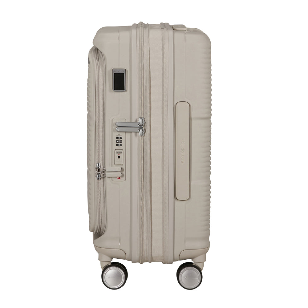 White 55cm cabin suitcase with front pocket by Samsonite, showcasing a sleek design and durable materials.