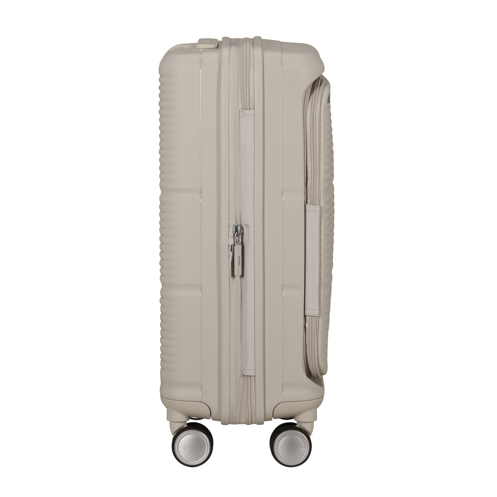 Samsonite 55cm white cabin suitcase with front pocket, showcasing sleek design and durable materials.
