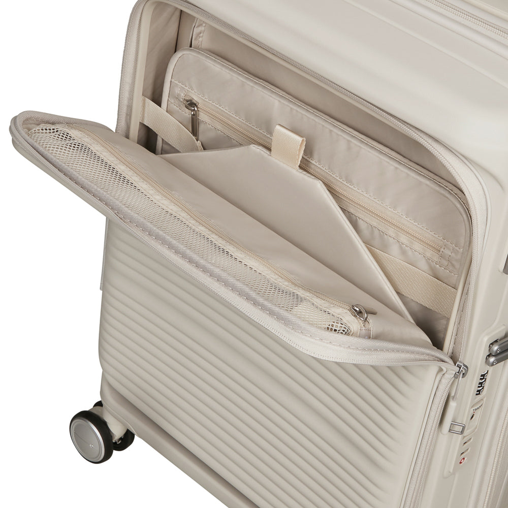 White Samsonite 55cm cabin suitcase with front pocket, showcasing its sleek design and practical features.