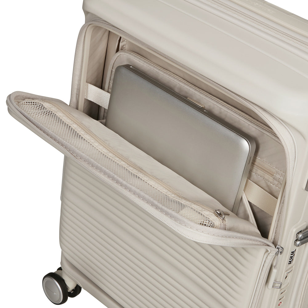 Samsonite 55cm white cabin suitcase with front pocket, showcasing sleek design and durable material.