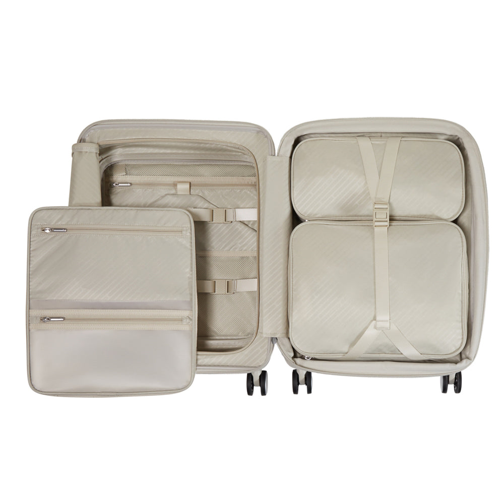 White 55cm cabin suitcase with front pocket by Samsonite, showcasing durable design and spacious interior for travel.