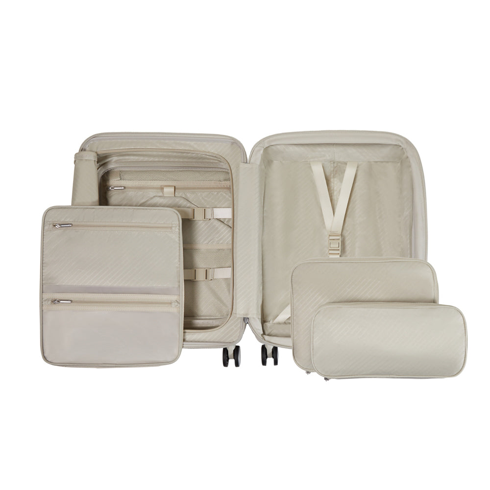 Samsonite 55cm white cabin suitcase with front pocket and wheels, ideal for travel and compact storage.