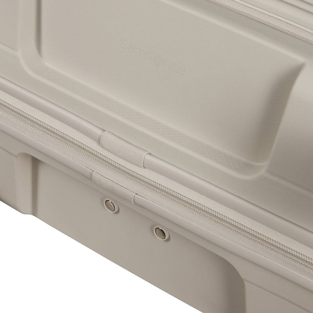 White 55cm Samsonite Paralux cabin suitcase with front pocket, featuring a sleek design and sturdy handle.