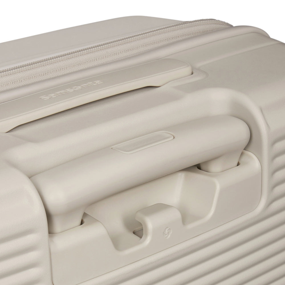 White 55cm Samsonite Paralux cabin suitcase with front pocket and durable design, ideal for travel and convenience.