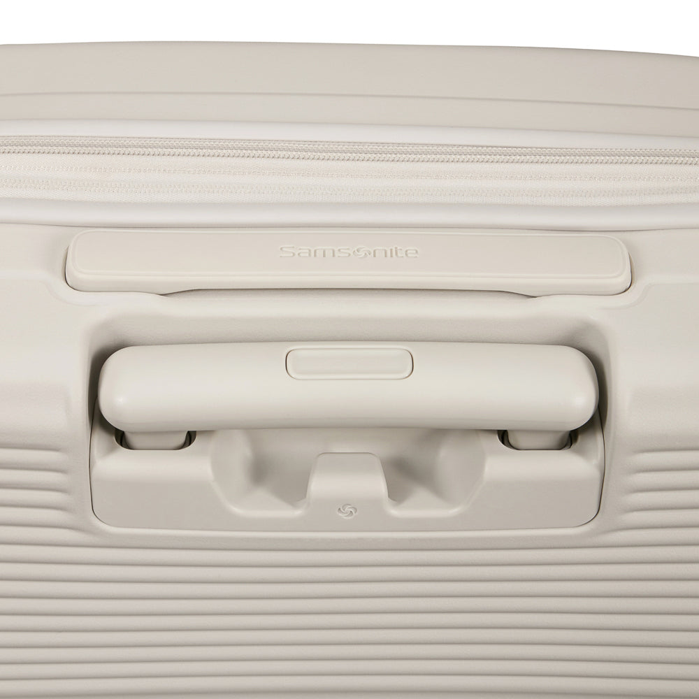 White 55cm cabin suitcase with front pocket by Samsonite, showcasing sleek design and durable material.