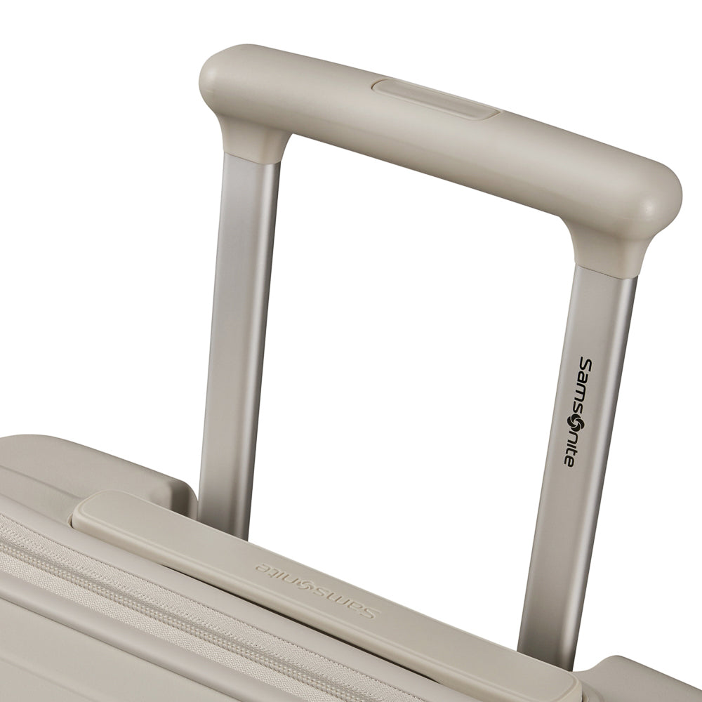 White 55cm cabin suitcase with front pocket by Samsonite, featuring sturdy wheels and a sleek design for travel convenience.