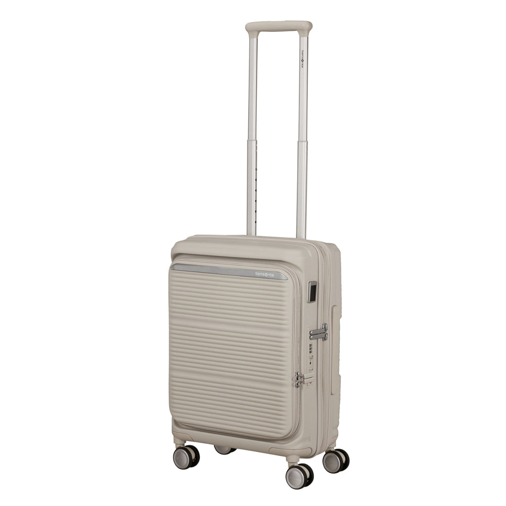 White 55cm cabin suitcase with front pocket by Samsonite, showcasing sleek design and durable material.