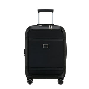 Samsonite 55cm black carry-on suitcase with front pocket, featuring wheels and a sturdy handle for easy travel.