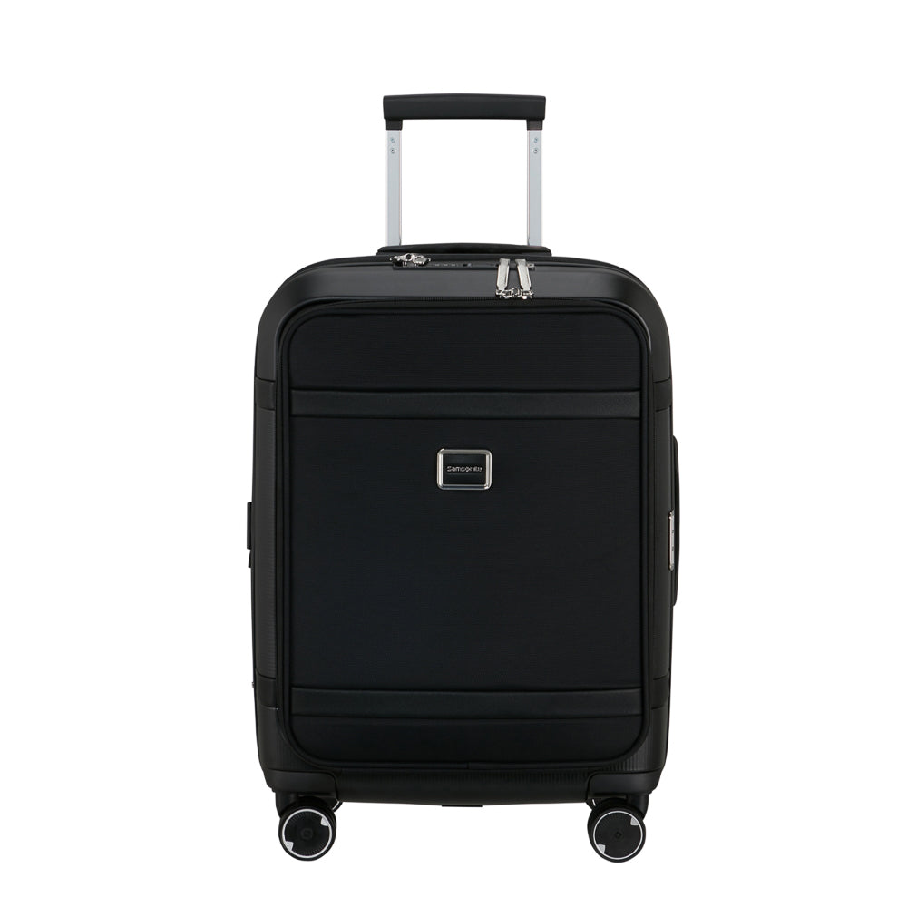 Samsonite 55cm black carry-on suitcase with front pocket, featuring wheels and a sturdy handle for easy travel.