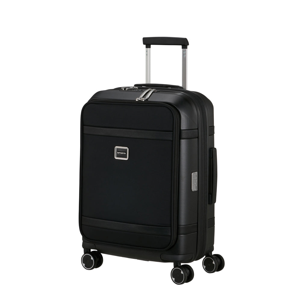 Samsonite 55cm black carry on suitcase with front pocket, ideal for cabin luggage travel.