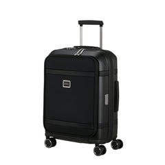 Samsonite 55cm black carry on suitcase with front pocket, ideal for cabin luggage travel.