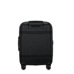 Samsonite 55cm black carry-on suitcase with front pocket, showcasing sleek design and durable material for travel.