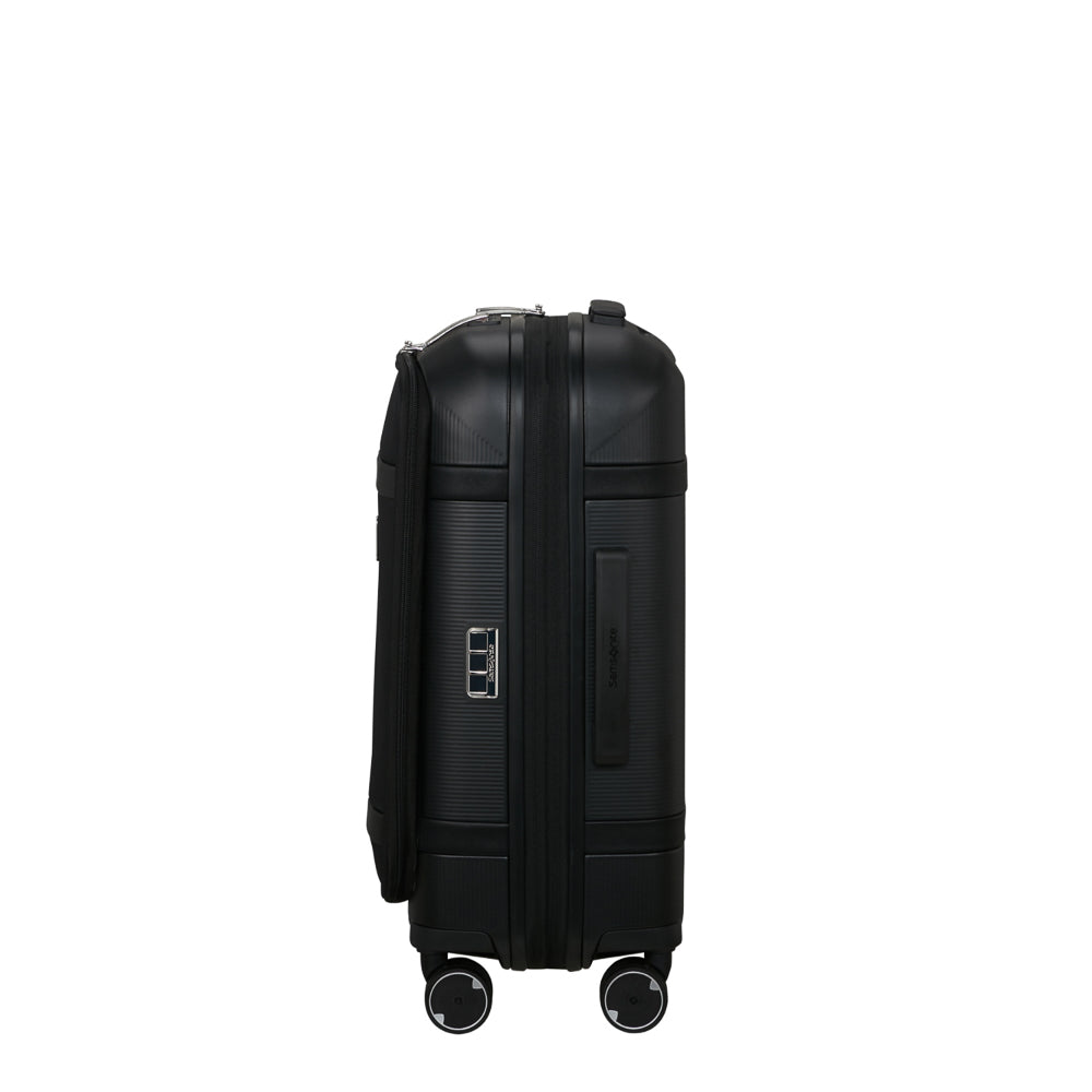 Samsonite 55cm black carry-on suitcase with front pocket, showcasing durable design and spacious interior for travel.