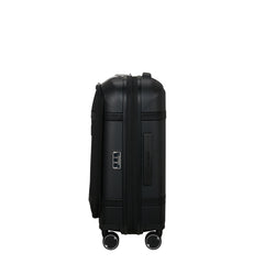 Samsonite 55cm black carry-on suitcase with front pocket, showcasing durable design and spacious interior for travel.