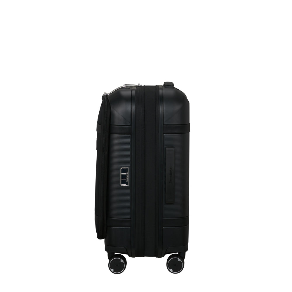 Samsonite 55cm black carry-on suitcase with front pocket, ideal for cabin luggage and travel convenience.