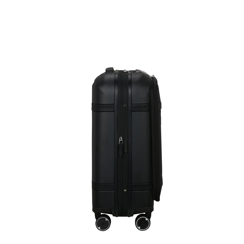 Samsonite 55cm black carry on suitcase with front pocket, perfect for cabin luggage and travel convenience.